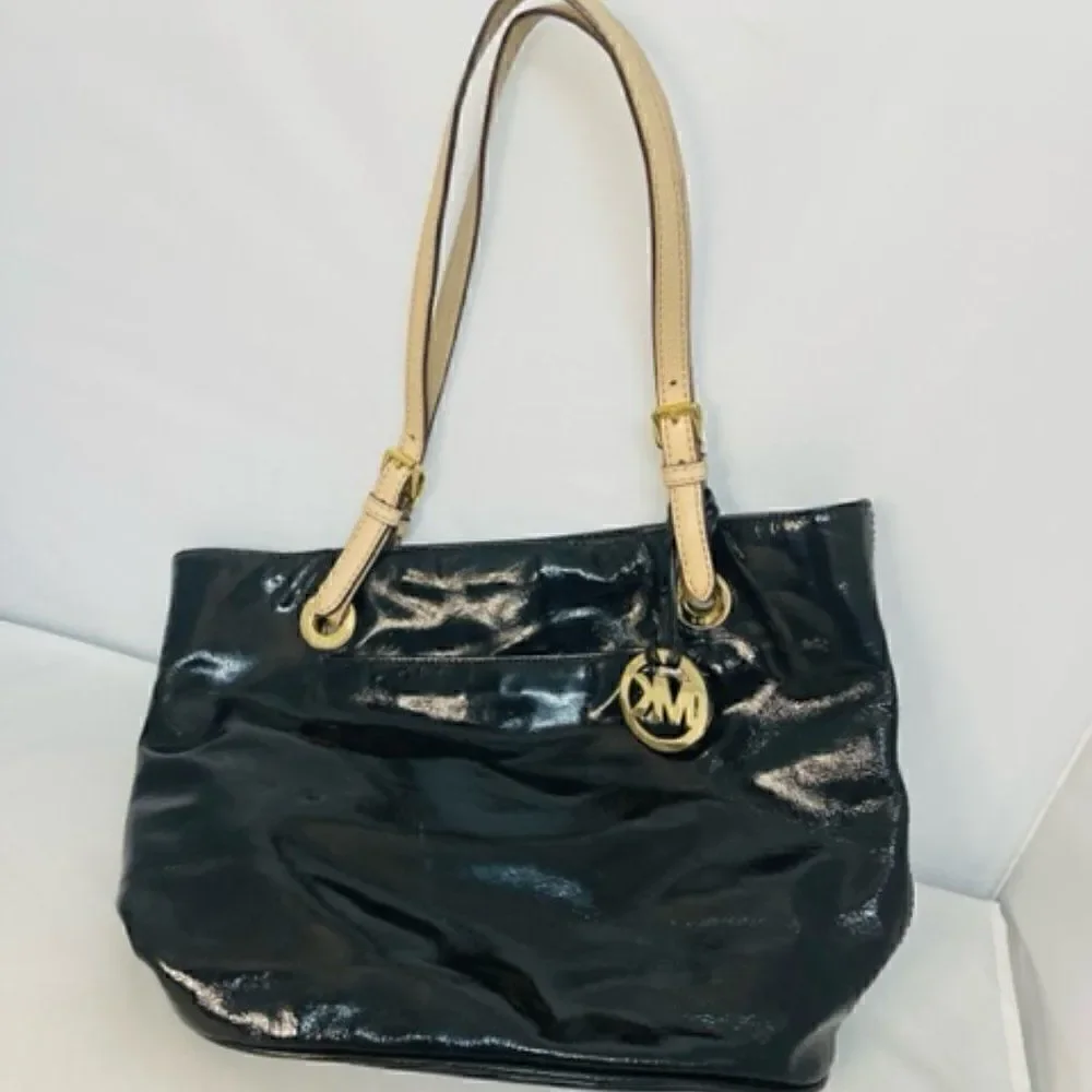 Michael Kors Handbag Black Patent Leather Tote Shoulder Good Condition - does sh